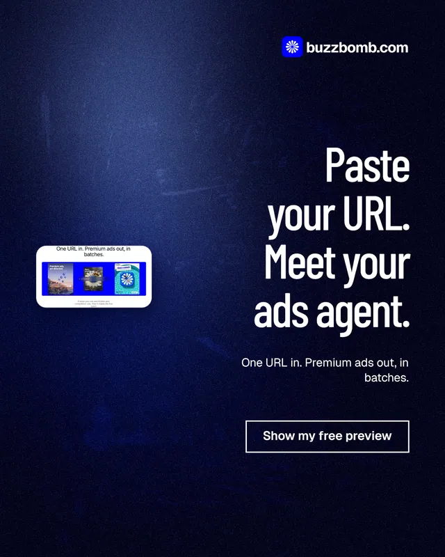 Instagram portrait post for BuzzBomb: "Paste your URL. Meet your ads agent." Dark deco style, right layout, dark palette in blue, black.