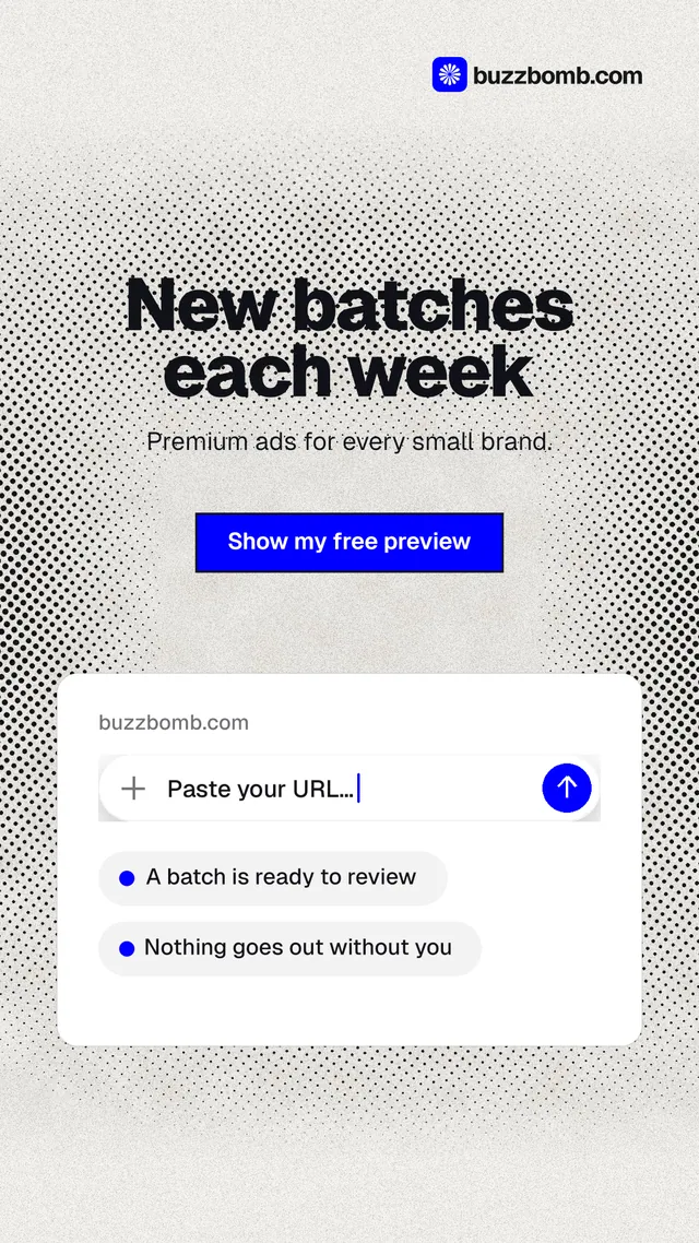 Instagram story for BuzzBomb: "New batches each week". Ink sticker style, centred layout, light palette in white, grey.