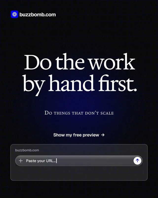 Instagram portrait post for BuzzBomb: "Do the work by hand first." Phosphor atlas style, smallcaps layout, dark palette in black.