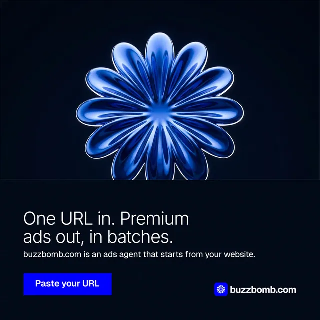 Instagram post for BuzzBomb: "One URL in. Premium ads out, in batches." Swiss style, bottom layout, dark palette in black, blue.