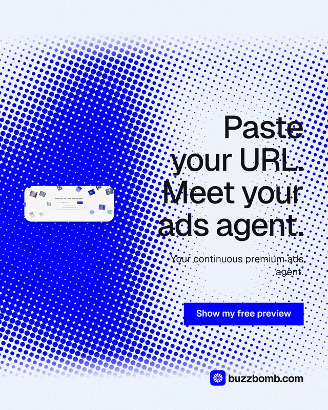 Instagram portrait post for BuzzBomb: "Paste your URL. Meet your ads agent." Swiss style, right layout, light palette in blue, white.