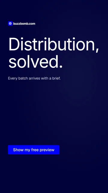 Video for BuzzBomb: "Distribution, solved.". Doc motion loop, 7.0 s, dark palette.