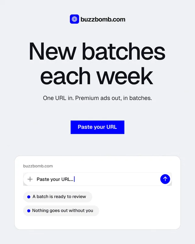 Instagram portrait post for BuzzBomb: "New batches each week". Swiss style, centred layout, light palette in white, blue.