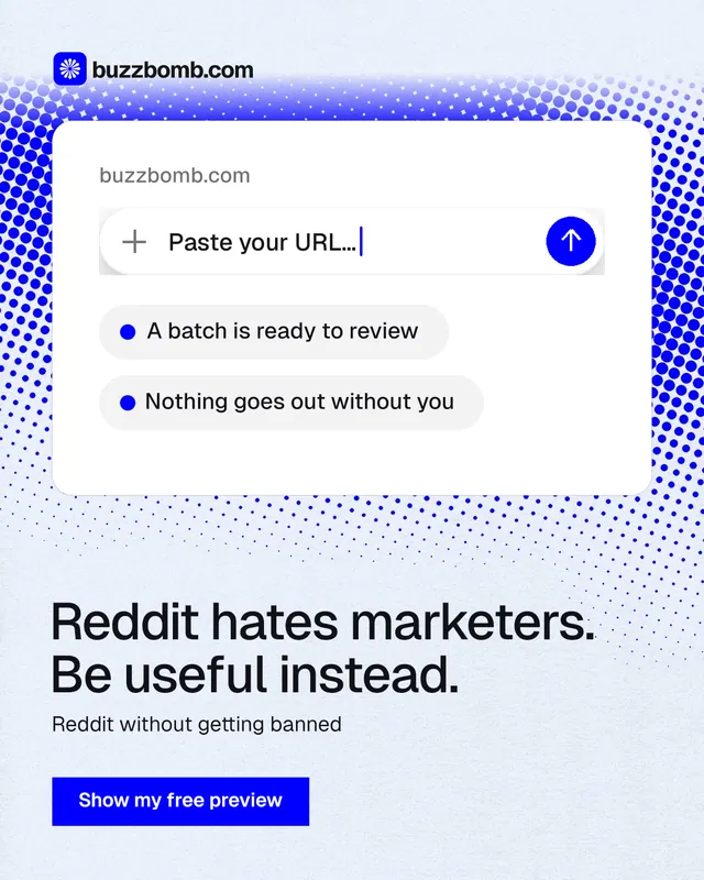 Instagram portrait post for BuzzBomb: "Reddit hates marketers. Be useful instead." Swiss style, bottom layout, light palette in white, blue.