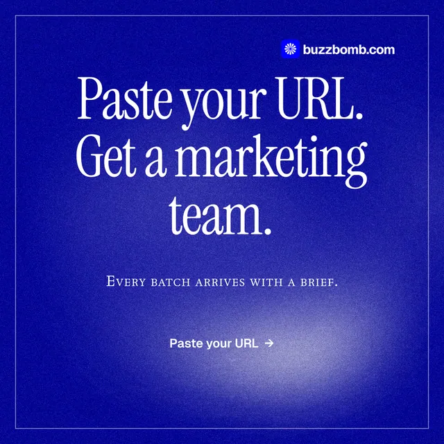 Instagram post for BuzzBomb: "Paste your URL. Get a marketing team." Editorial style, smallcaps layout, dark palette in blue.