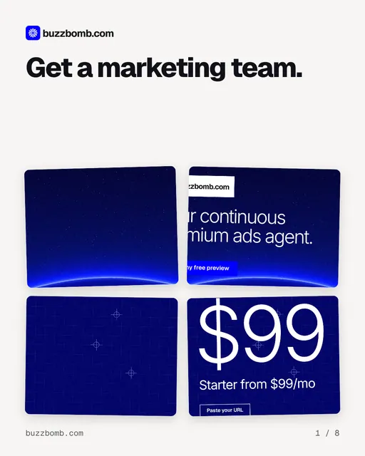 Carousel for BuzzBomb: "Get a marketing team.". Collection carousel, 8 slides, light palette.