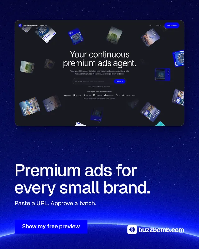 Instagram portrait post for BuzzBomb: "Premium ads for every small brand." Swiss style, bottom layout, dark palette in blue.