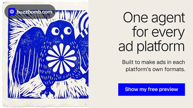 Landscape graphic for BuzzBomb: "One agent for every ad platform". Swiss style, right layout, light palette in yellow, blue, grey.