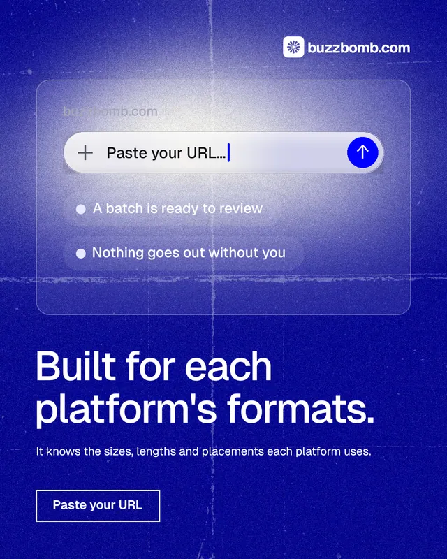 Instagram portrait post for BuzzBomb: "Built for each platform's formats." Cyanotype style, bottom layout, dark palette in blue.