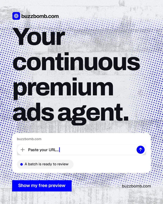 Instagram portrait post for BuzzBomb: "Your continuous premium ads agent." Swiss style, poster layout, light palette in blue, white, grey.