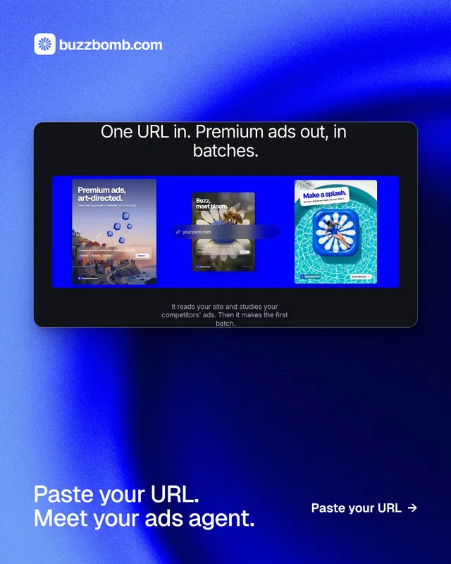 Instagram portrait post for BuzzBomb: "Paste your URL. Meet your ads agent." Swiss style, image led layout, dark palette in blue.