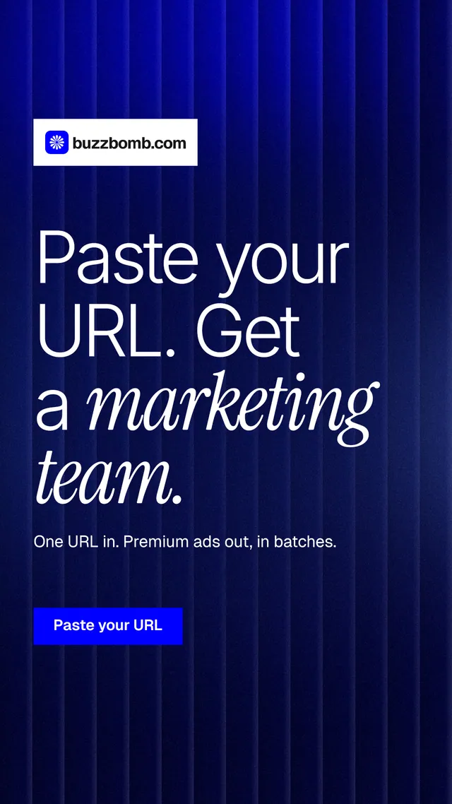 Instagram story for BuzzBomb: "Paste your URL. Get a marketing team." Swiss style, announce layout, dark palette in black, blue, grey.