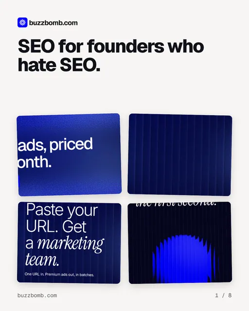 Carousel for BuzzBomb: "SEO for founders who hate SEO.". Collection carousel, 8 slides, light palette.