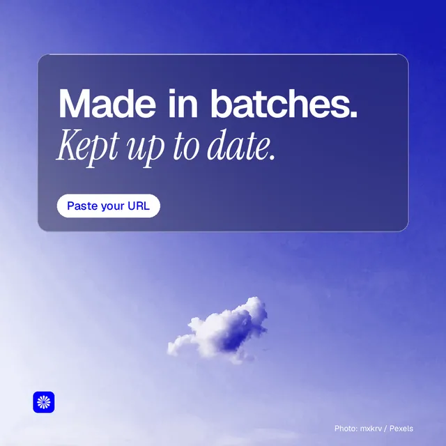 Instagram post for BuzzBomb: "Made in batches. Kept up to date." Glass style, technique:pexels ingredient layout, light palette in blue.