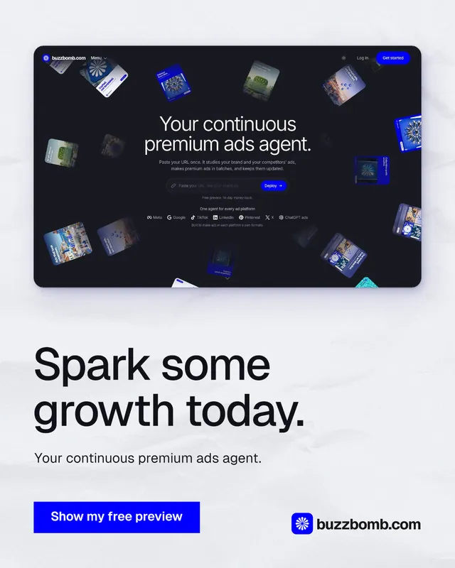 Instagram portrait post for BuzzBomb: "Spark some growth today." Swiss style, bottom layout, light palette in blue, white, grey.
