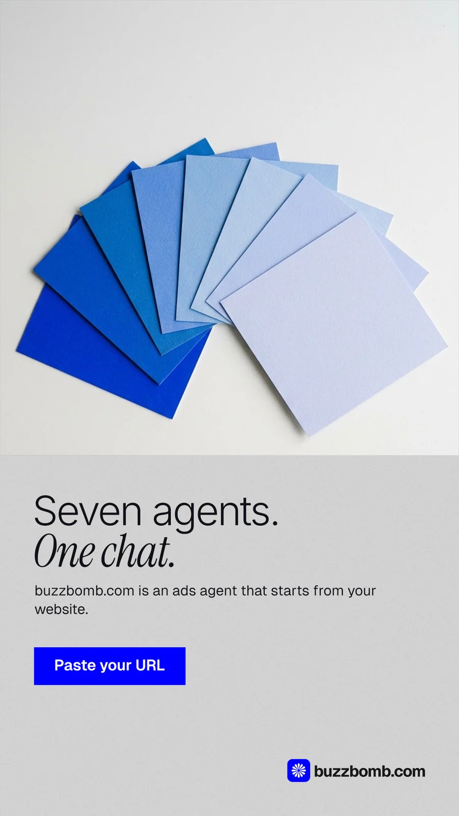 Instagram story for BuzzBomb: "Seven agents. One chat." Swiss style, bottom layout, light palette in white, blue.
