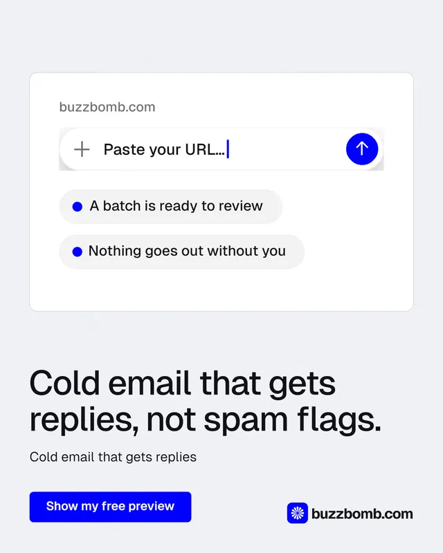 Instagram portrait post for BuzzBomb: "Cold email that gets replies, not spam flags." Data card style, bottom layout, light palette in white, blue.