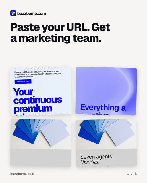 Carousel for BuzzBomb: "Paste your URL. Get a marketing team.". Collection carousel, 8 slides, light palette.
