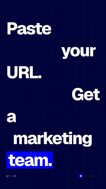 Video for BuzzBomb: "Paste your URL. Get a marketing team.". Kinetic type grid, 6.0 s, dark palette.
