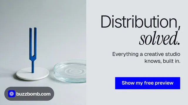 Landscape graphic for BuzzBomb: "Distribution, solved." Swiss style, right layout, light palette in white, grey, blue.