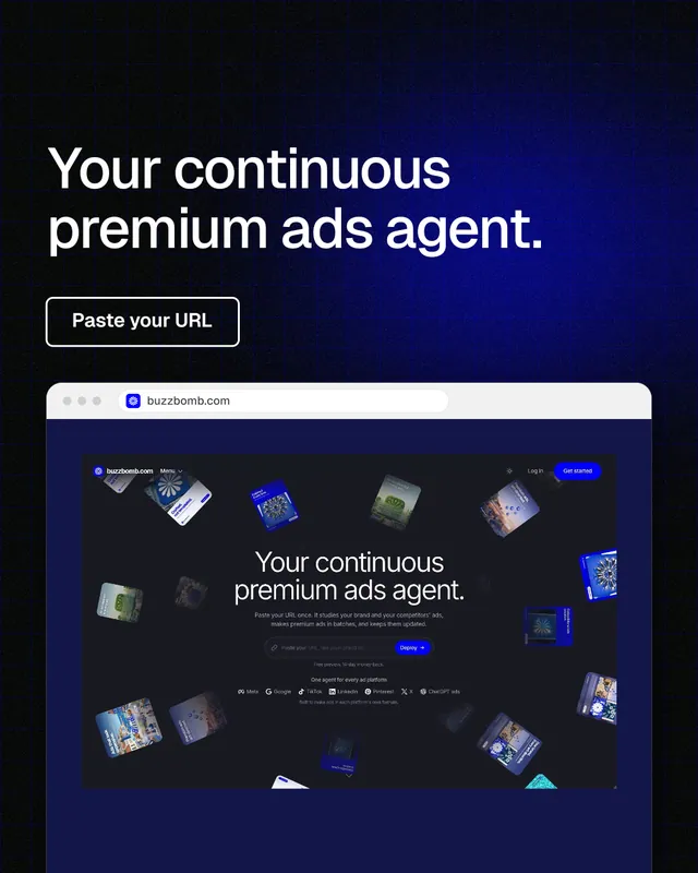 Instagram portrait post for BuzzBomb: "Your continuous premium ads agent." Phosphor atlas style, browser layout, dark palette in blue, black, grey.