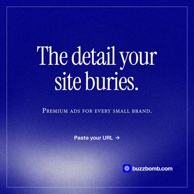Instagram post for BuzzBomb: "The detail your site buries." Editorial style, smallcaps layout, dark palette in blue.