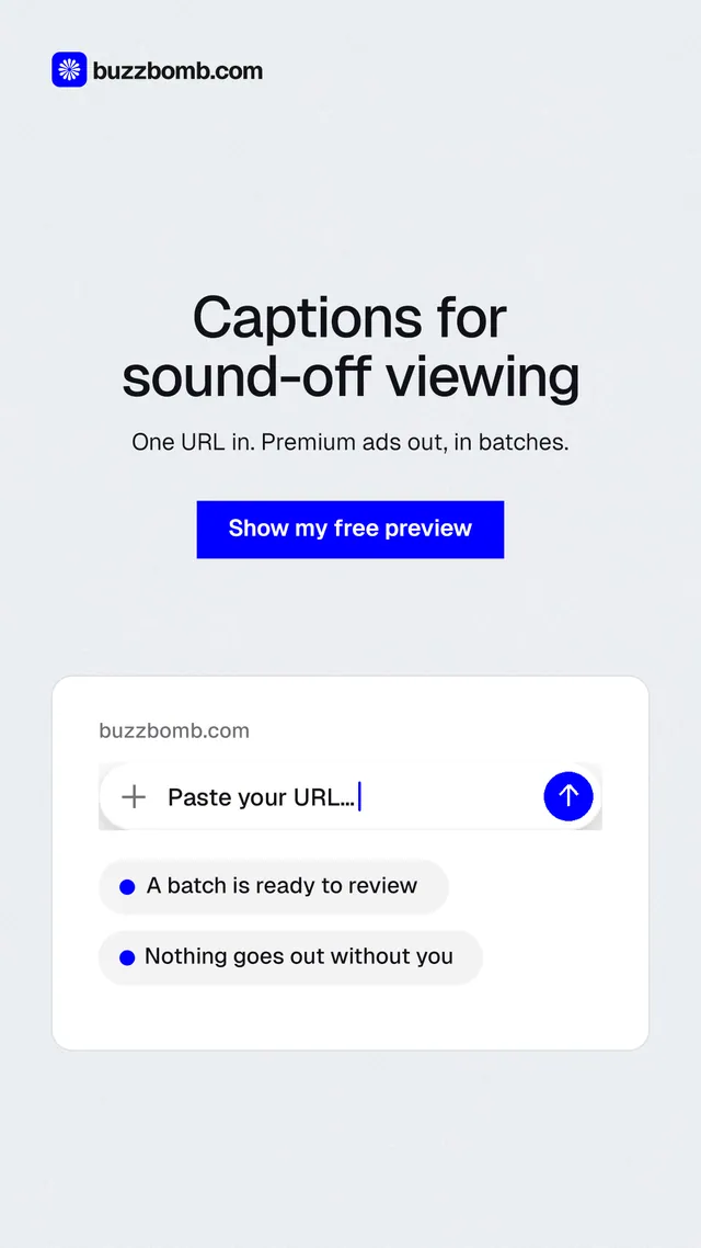 Instagram story for BuzzBomb: "Captions for sound-off viewing". Swiss style, centred layout, light palette in white, blue.