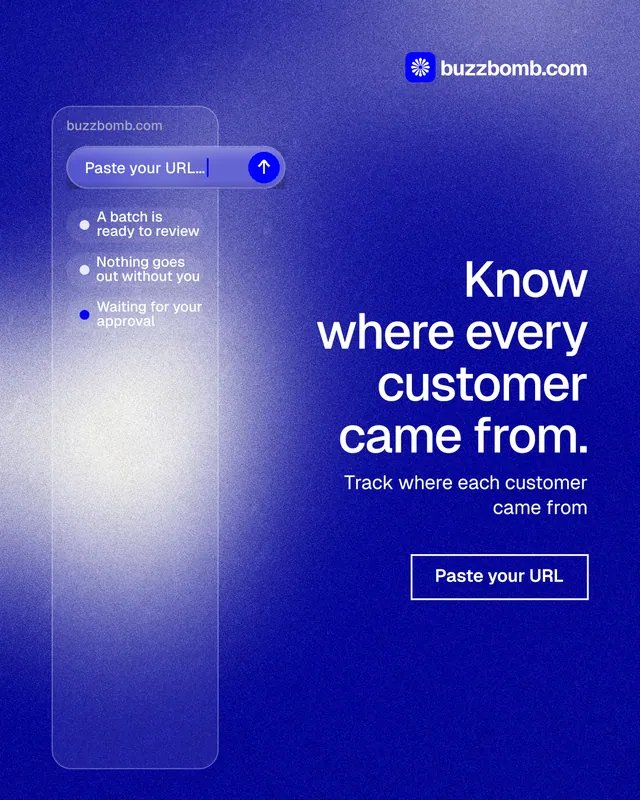 Instagram portrait post for BuzzBomb: "Know where every customer came from." Cyanotype style, right layout, dark palette in blue.