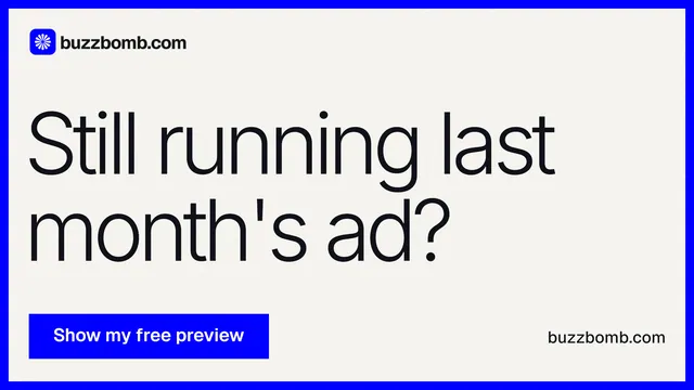 Landscape graphic for BuzzBomb: "Still running last month's ad?" Swiss style, poster layout, light palette in white, blue.
