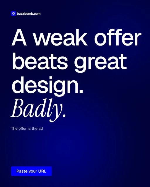 Video for BuzzBomb: "A weak offer beats great design. Badly.". Doc motion loop, 6.0 s, dark palette.