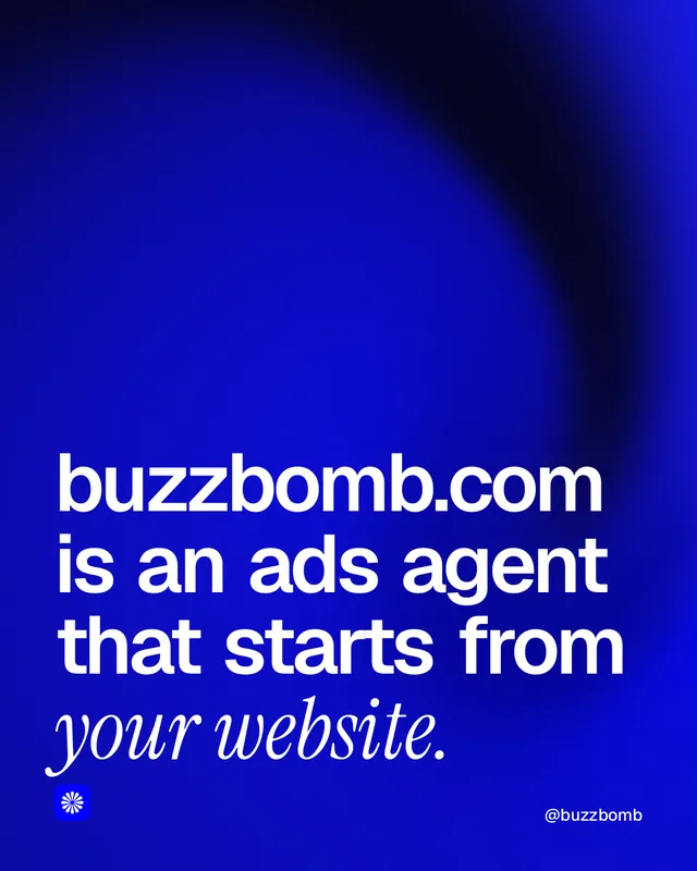 Instagram portrait post for BuzzBomb: "buzzbomb.com is an ads agent that starts from your website." Auto 4x5 style, technique:shader field layout, dark palette in blue.