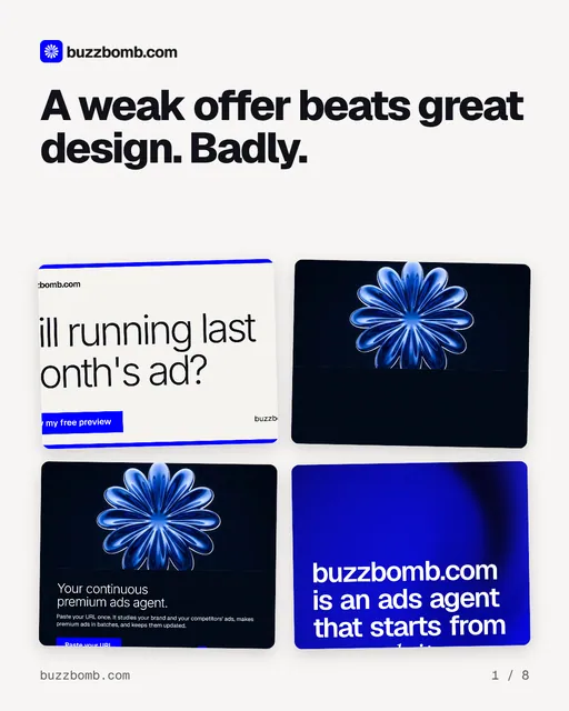 Carousel for BuzzBomb: "A weak offer beats great design. Badly.". Collection carousel, 8 slides, light palette.