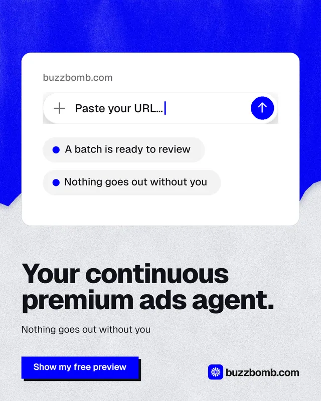 Instagram portrait post for BuzzBomb: "Your continuous premium ads agent." Paper trio style, bottom layout, light palette in white, blue.