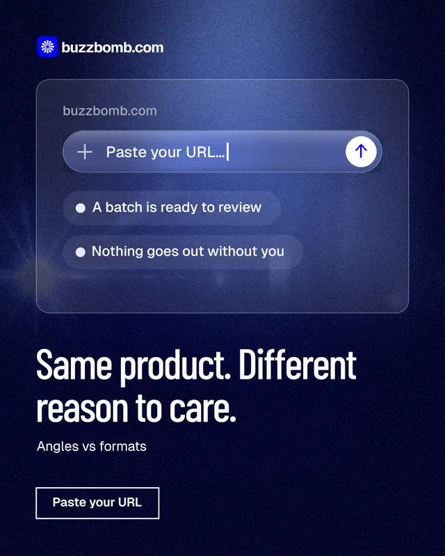 Instagram portrait post for BuzzBomb: "Same product. Different reason to care." Dark deco style, bottom layout, dark palette in blue, black.