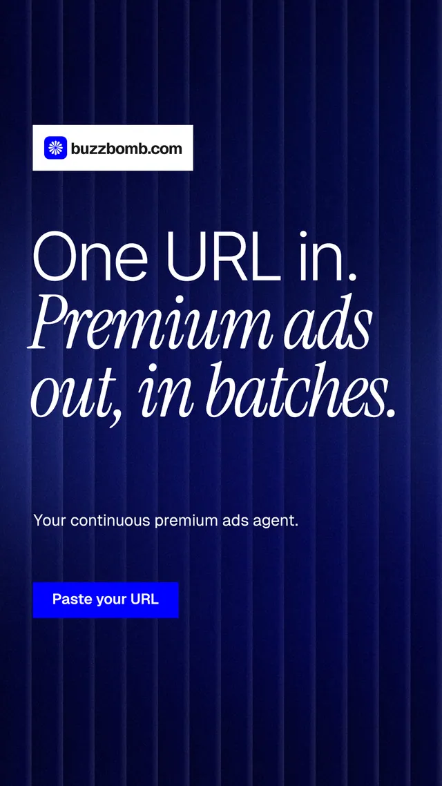 Instagram story for BuzzBomb: "One URL in. Premium ads out, in batches." Swiss style, announce layout, dark palette in black, blue.