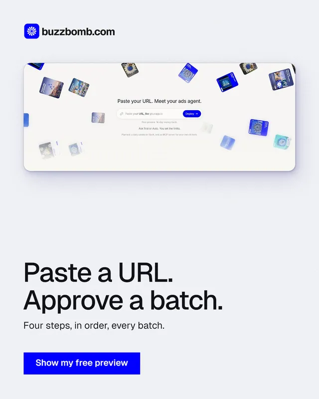 Instagram portrait post for BuzzBomb: "Paste a URL. Approve a batch." Swiss style, bottom layout, light palette in white, blue.