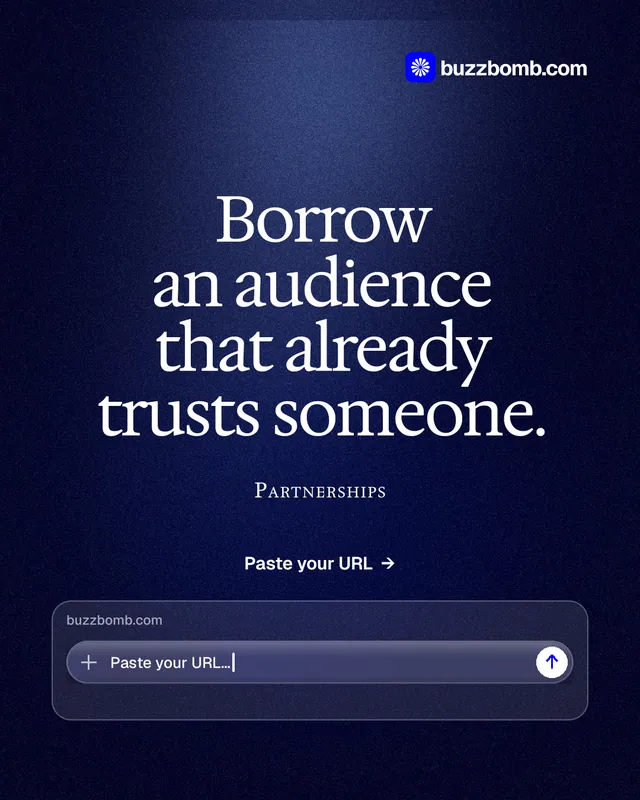 Instagram portrait post for BuzzBomb: "Borrow an audience that already trusts someone." Dark deco style, smallcaps layout, dark palette in blue, black.