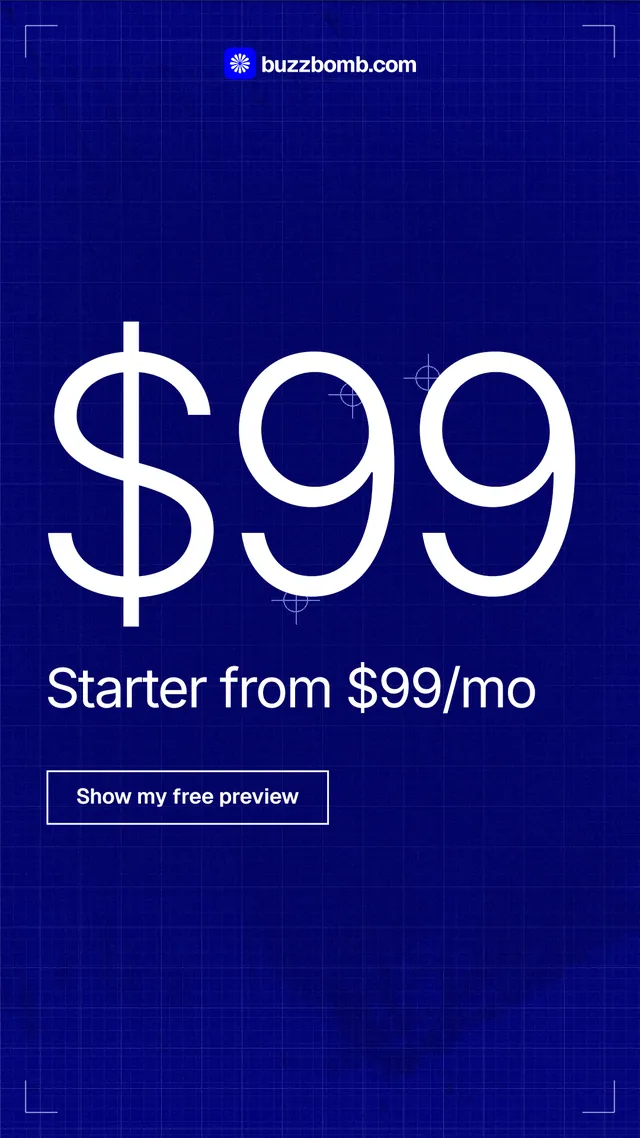 Instagram story for BuzzBomb: "Watch buzzbomb.com run its own ads." Blueprint style, stat layout, dark palette in blue.