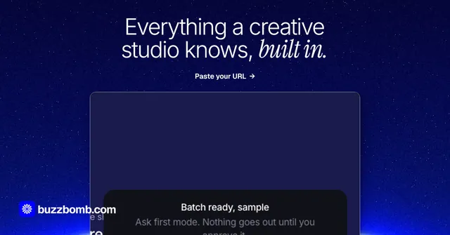 Social ad for BuzzBomb: "Everything a creative studio knows, built in." Swiss style, ogui layout, dark palette in blue.