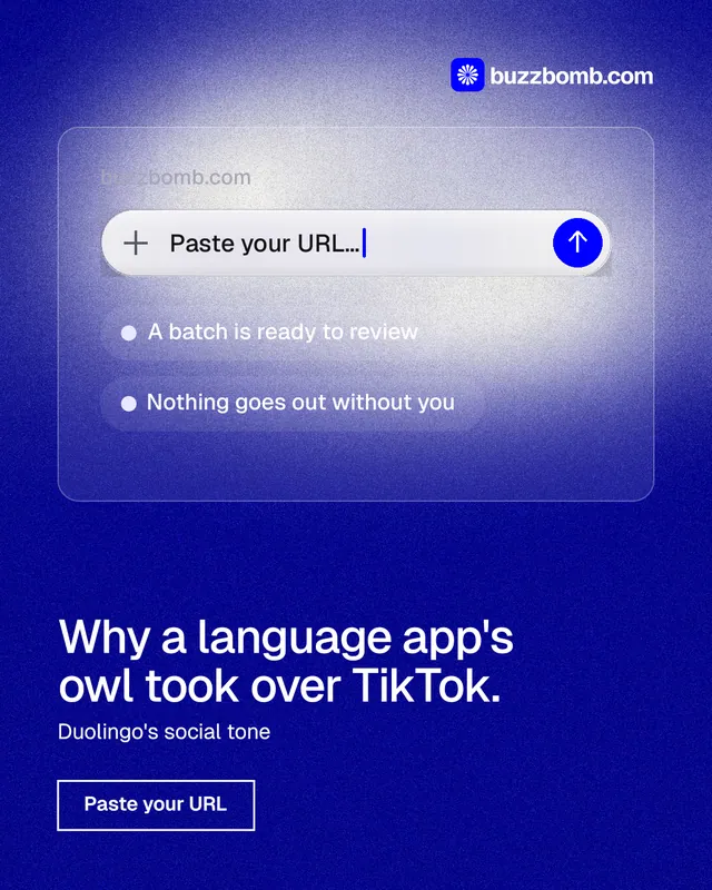Instagram portrait post for BuzzBomb: "Why a language app's owl took over TikTok." Cyanotype style, bottom layout, dark palette in blue.
