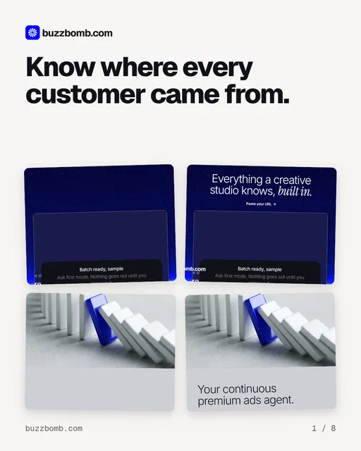 Carousel for BuzzBomb: "Know where every customer came from.". Collection carousel, 8 slides, light palette.