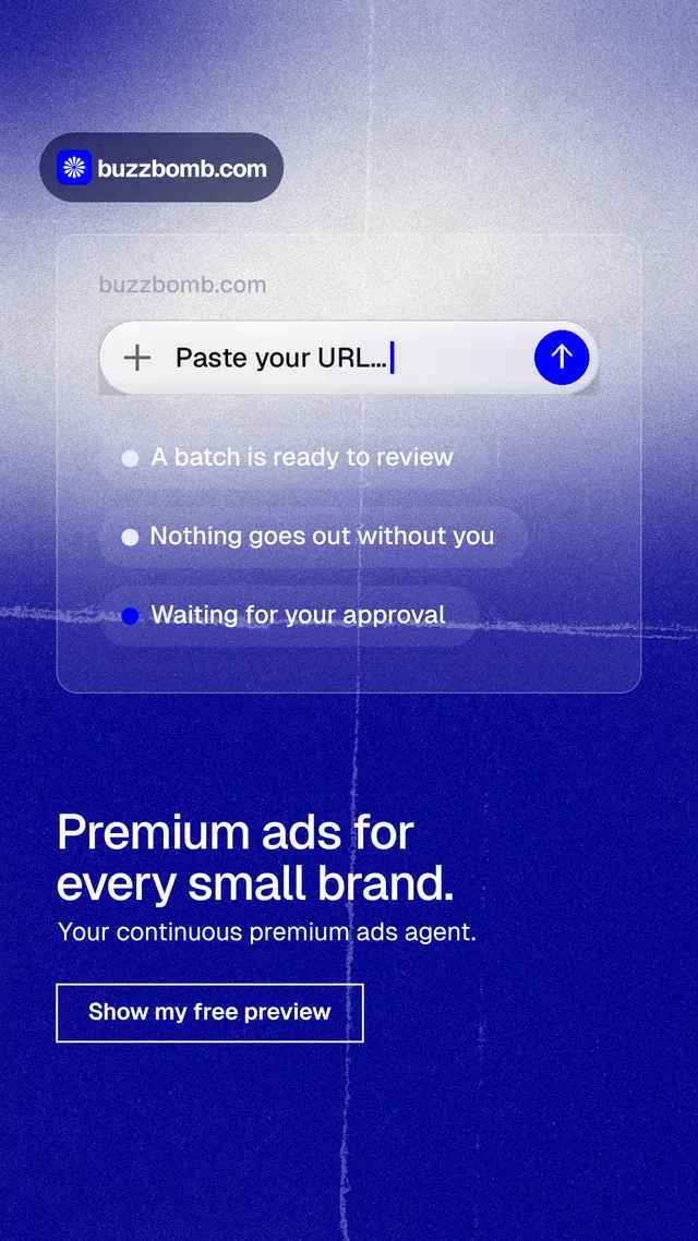 Instagram story for BuzzBomb: "Premium ads for every small brand." Cyanotype style, bottom layout, dark palette in white, blue.