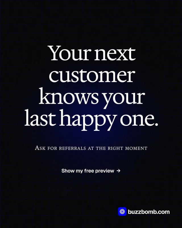Instagram portrait post for BuzzBomb: "Your next customer knows your last happy one." Phosphor atlas style, smallcaps layout, dark palette in black.
