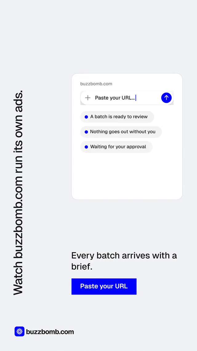 Instagram story for BuzzBomb: "Watch buzzbomb.com run its own ads." Swiss style, vertical layout, light palette in white, blue.