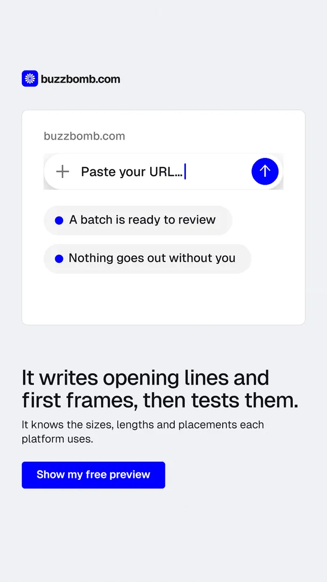 Instagram story for BuzzBomb: "It writes opening lines and first frames, then tests them." Data card style, bottom layout, light palette in white, blue.