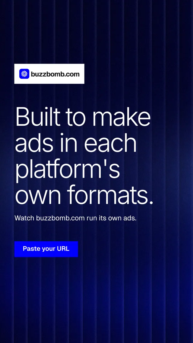 Instagram story for BuzzBomb: "Built to make ads in each platform's own formats." Swiss style, announce layout, dark palette in black, blue, grey.