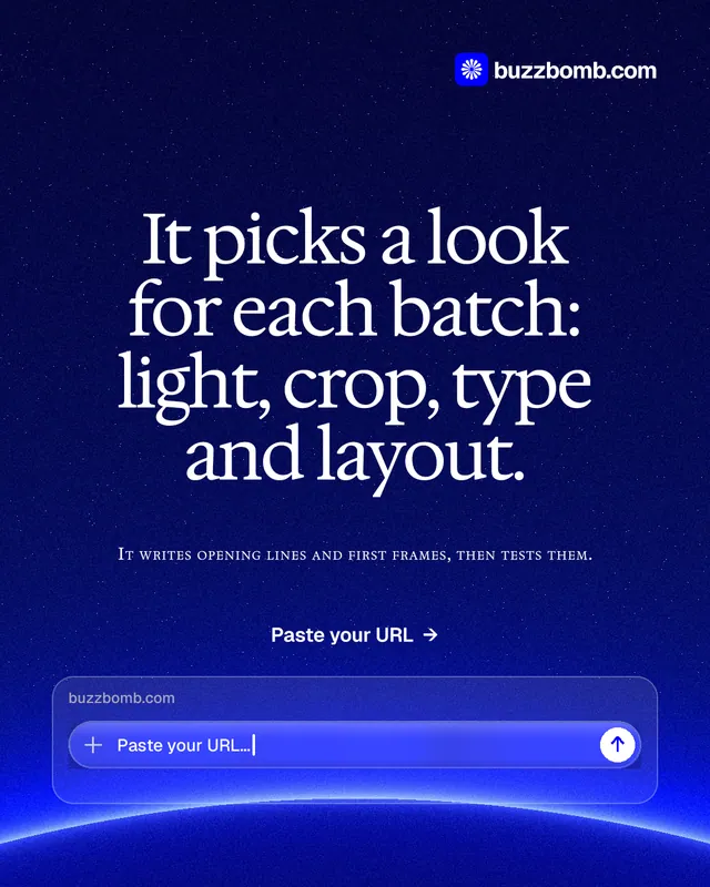 Instagram portrait post for BuzzBomb: "It picks a look for each batch: light, crop, type and layout." Swiss style, smallcaps layout, dark palette in blue.