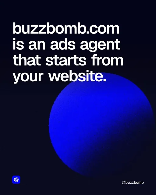 Video for BuzzBomb: "buzzbomb.com is an ads agent that starts from your website.". Shader loop, 6.0 s, dark palette.