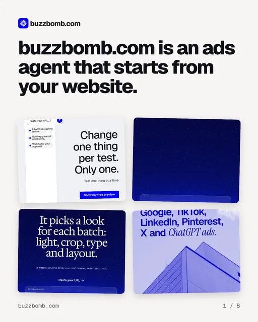Carousel for BuzzBomb: "buzzbomb.com is an ads agent that starts from your website.". Collection carousel, 8 slides, light palette.