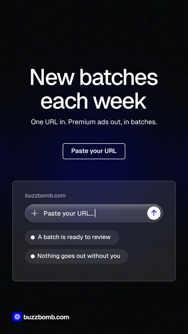 Instagram story for BuzzBomb: "New batches each week". Phosphor atlas style, centred layout, dark palette in black, blue, grey.